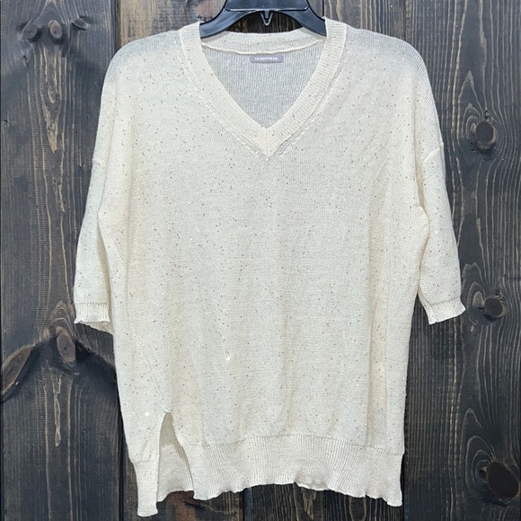 Hemisphere Sparkle Blouse S Linen Sequins Cream Short Sleeves Semi Sheer V-neck - Picture 1 of 7